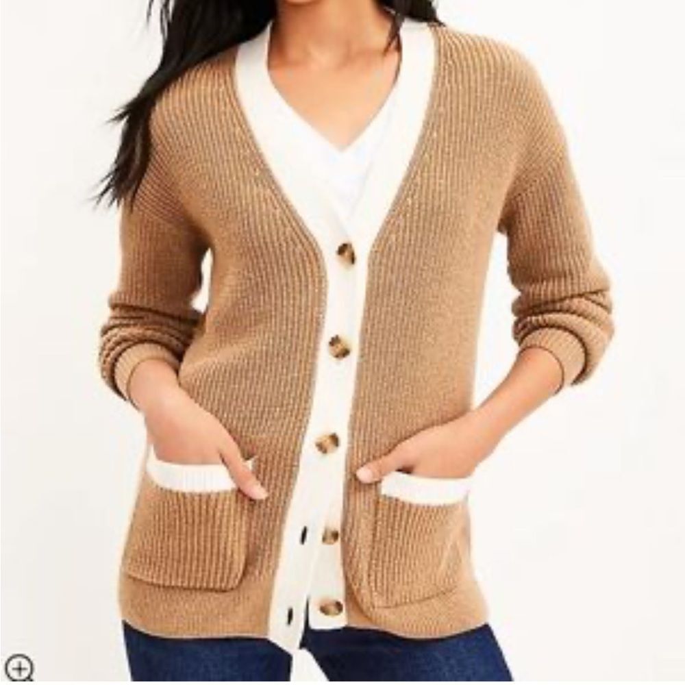 LOFT Tan and Cream cozy ribbed Button-Front pocket knit fall Cardigan